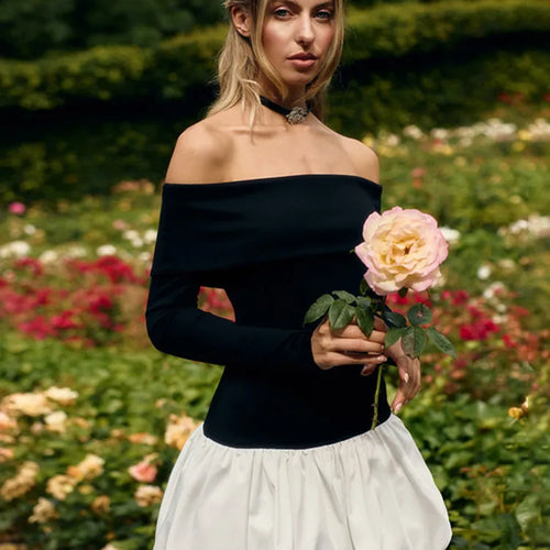 Load image into Gallery viewer, Off-shoulder Long Sleeve Sexy Mini Dress For Women Contrast Color Patchwork Strapless Backless A-line Sexy Dress
