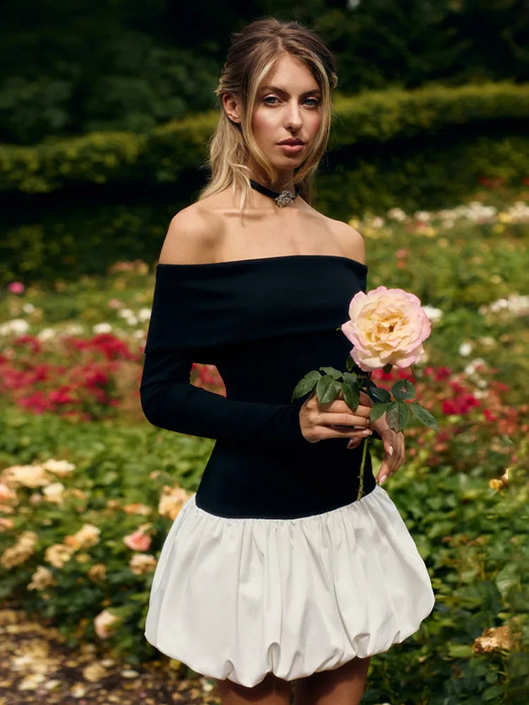 Off-shoulder Long Sleeve Sexy Mini Dress For Women Contrast Color Patchwork Strapless Backless A-line Sexy Dress