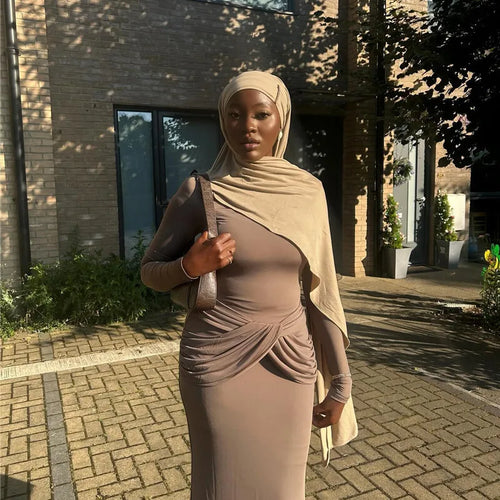 Load image into Gallery viewer, Diagonal Collar Long Sleeve Maxi Dress For Women Autumn Winter New Solid High Waist Ruched Bodycon Sexy Long Dress
