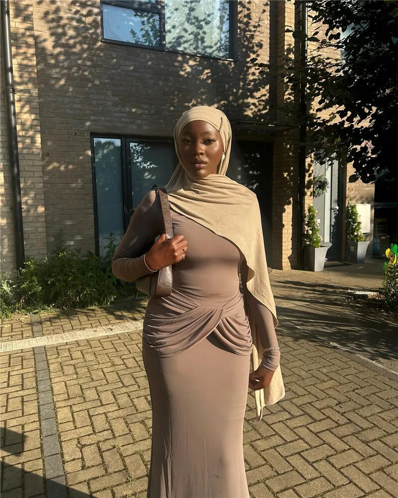 Diagonal Collar Long Sleeve Maxi Dress For Women Autumn Winter New Solid High Waist Ruched Bodycon Sexy Long Dress