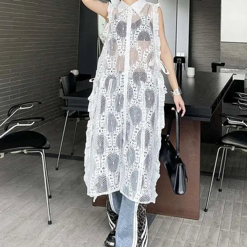 Load image into Gallery viewer, Women White Lace Perspective Ruffles Big Size Shirt Dress New Lapel Sleeveless Fashion Tide Spring Summer 2025 1DH6069
