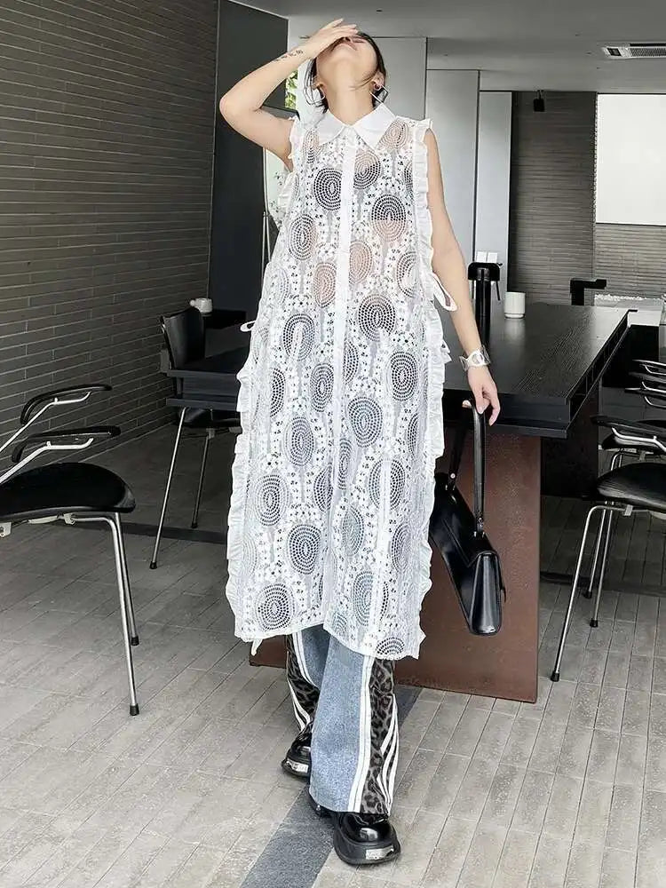 Women White Lace Perspective Ruffles Big Size Shirt Dress New Lapel Sleeveless Fashion Tide Spring Summer 2025 1DH6069
