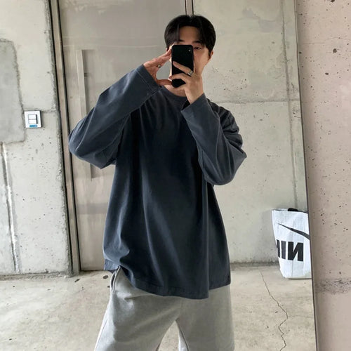 Load image into Gallery viewer, Men's Long Sleeve T-shirts Simple Casual Pullover Stylish Male Spring Loose Solid Color New Korean Trendy Round Neck 9W1455
