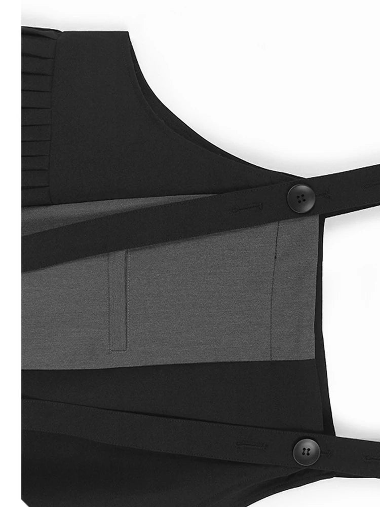 Women Black Color-block Pleated Big Size  Strap Dress New Square Collar Sleeveless Fashion Tide Spring Autumn 2025 1DH6342