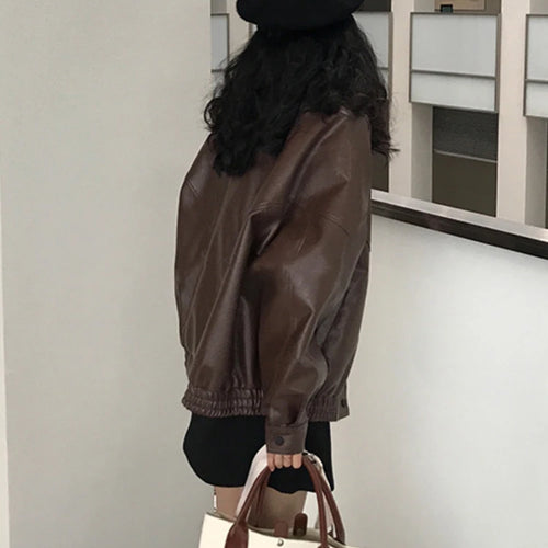 Load image into Gallery viewer, Autumn Pu Leather Jacket Women Spring Vintage Brown Motorcycle Coat Female Korean Loose Street Outerwear
