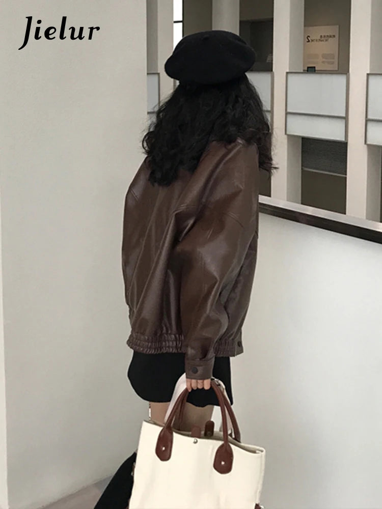 Autumn Pu Leather Jacket Women Spring Vintage Brown Motorcycle Coat Female Korean Loose Street Outerwear