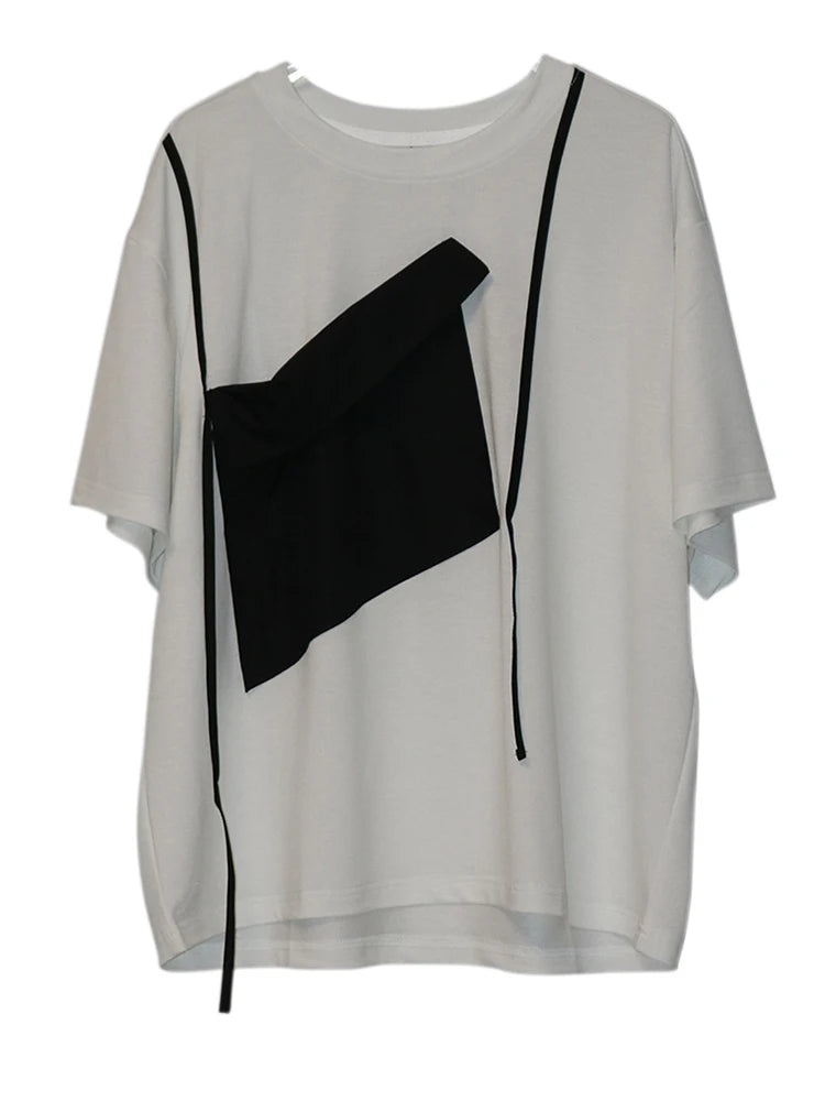 Women White Pocket Color-block Big Size T-shirt New Round Neck Short Sleeve Fashion Tide Spring Summer 2025 1DJ0213