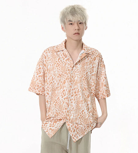 Leopard Print Men's Shirts Lapel Drape Contrast Color Short Sleeve Casual Clothing Single Breasted Loose Male Tops 9W1258