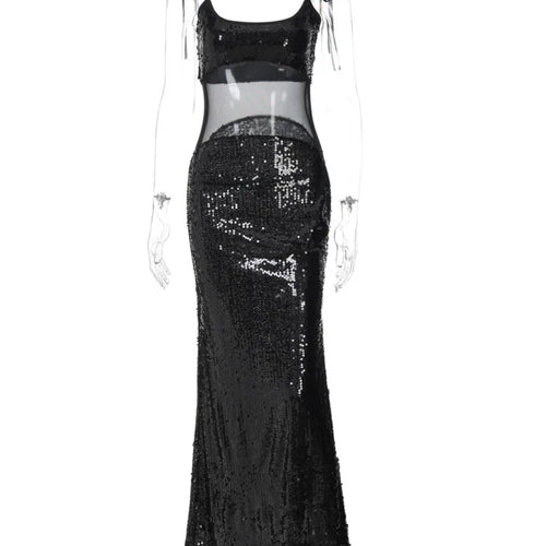 Load image into Gallery viewer, Sheer Mesh Spaghetti Strap Sexy Maxi Dress For Women Gown Glitter Sleeveless Backless High Waist Bodycon Club Dress
