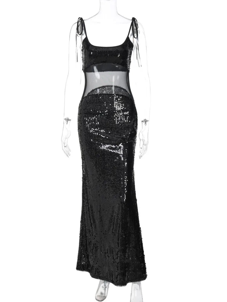 Sheer Mesh Spaghetti Strap Sexy Maxi Dress For Women Gown Glitter Sleeveless Backless High Waist Bodycon Club Dress