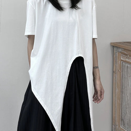 Load image into Gallery viewer, Women White Irregular Hem Big Size Casual T-shirt New Round Neck Short Sleeve Fashion Tide Spring Summer 2025 1DJ1676
