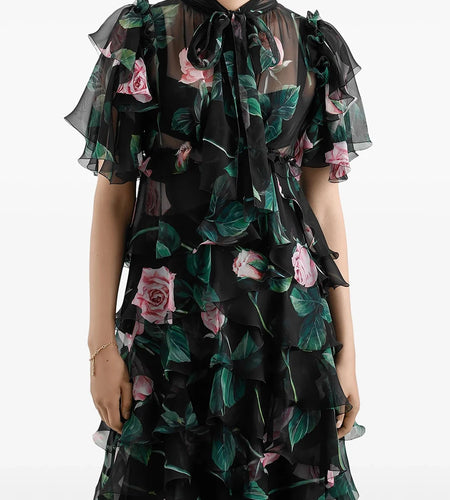 Hit Color Sheer Printing Elegant Dresses for Women Round Neck Short Sleeves Patchwork Ruffles Folds Dress Female