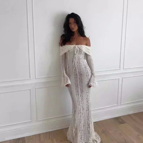 Load image into Gallery viewer, White Off The Shoulder Bodycon Dress 2024 New in Flare Sleeve Elegant Lace Maxi Dress Wedding Guest Dress for Women
