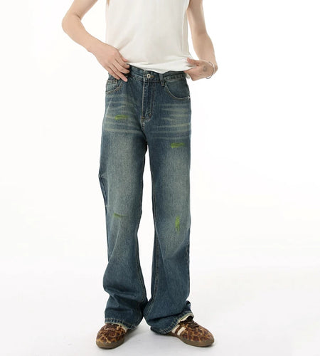 American Men's Jeans New Wrinkle Brushed Paint Micro Flared Trendy Male Casual Washed Denim Pants High Street 9W1843