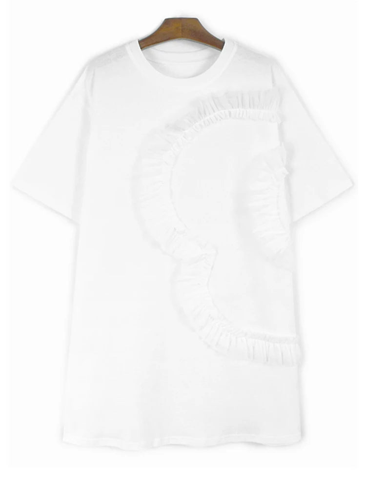 Women Gray Mesh Ruffles Big Size Mini T-shirt Dress New Round Neck Short Sleeve Fashion Tide Spring Summer 2025 1DH9812