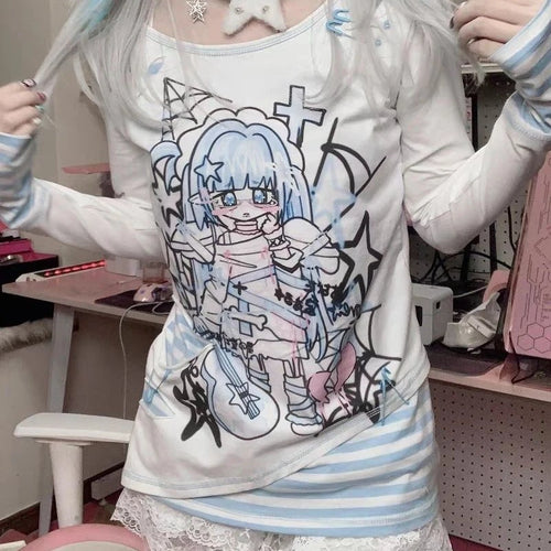 Load image into Gallery viewer, Japanese Harajuku Cartoon Print Tshirts Women Fashion Kawaii Y2k Aesthetic Patchwork Stripe Tees New Sweet Slim Fit T-Shirt Tops
