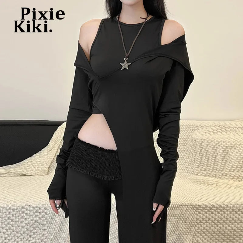 Hooded Asymmetrical Long Sleeve Top Two Piece Set Streetwear Trendy Black T Shirts for Woman Fall 2024 P71-CF31