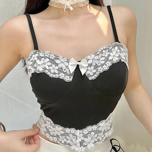 Load image into Gallery viewer, Streetwear Strap Lace Patchwork Summer Sexy Tops Camisole Contrast Color Y2K 90s Aesthetic Bow Mini Top Gothic Dark
