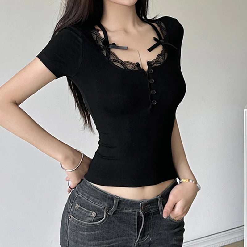 Korean Style Fitness Black Baby Tee Halter Lace Spliced Basic Crop Tops Women Buttons Bow Summer T-shirts Girls Y2K