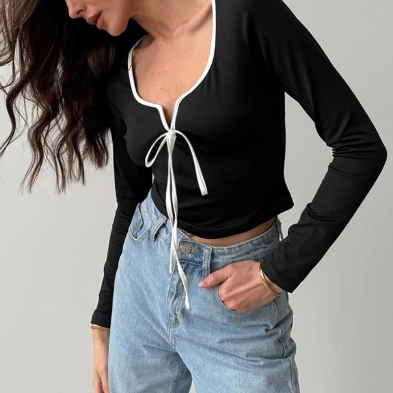 y2k Crop Top Women Sexy Clothes Square Neck Tie Front Contrast Color Long Sleeve T Shirt 2000s Clothing Streetwear