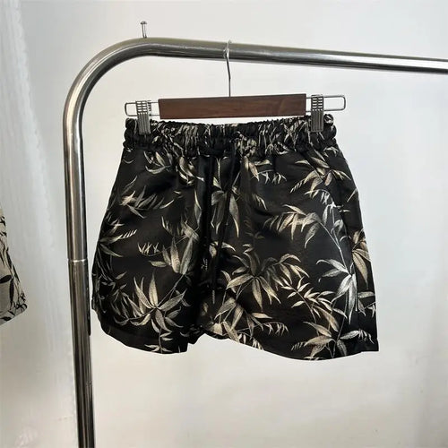 Load image into Gallery viewer, Vintage Women Drawstring Lace-up High Waist Jacquard Shorts Chinese Style Bamboo Leaf Print Wide Leg Short Pant 2024 New Summer

