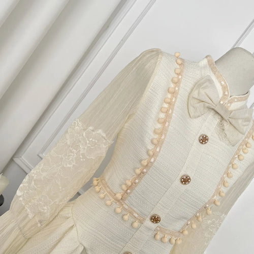 Load image into Gallery viewer, French Retro Women Beige Patchwork Lace Bow Button Slim Mini Dress Autumn Winter Long Sleeved High Waist Pleated Short Dress New
