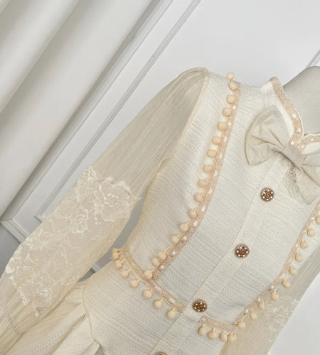 French Vintage Women Beige Patchwork Lace Bow Single Breasted Pleated Short Dress Autumn Long Sleeve Princess Party Dress Trendy