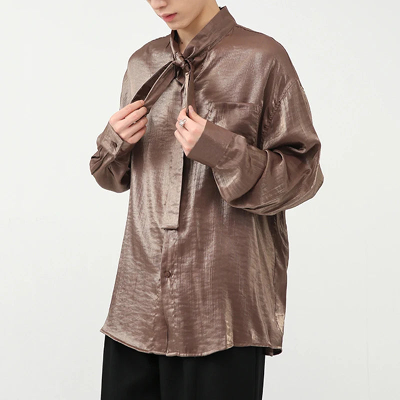 Stylish Men's Shirts Stand Collar Solid Color Tie Design Drape Pocket Single Breasted Loose Male Long Sleeve Tops 9W1185