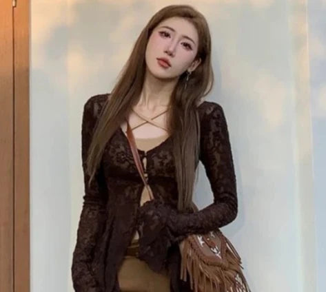 Y2k Aesthetic Two Piece Set Spring Flare Slleve Sexy Printing Cardigan + Streetwear Halter Crop Vest Top 2 Suits Summer Grunge