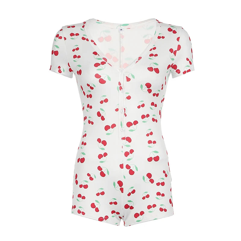 Korean Fashion Cherry Printed Fitness Summer Playsuit Women Buttons V-Neck Sweet Sexy Bodysuit Rompers One Piece New