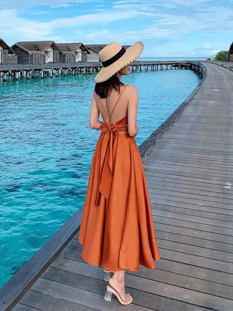 Evening Party Women Dress Cross V Neck Sexy Off Shoulder Beach Style Spaghetti Strap Dress Slim Backless Sexy Robe Femme Holiday