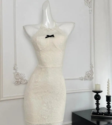 French Summer White Lace Sexy Backless Elegant Bow Evening Dress Women Sleeveless Halter Lace-up Vacation Party Gown Short Dress