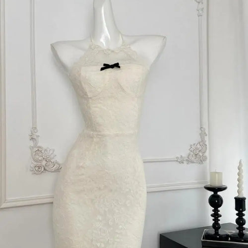 Load image into Gallery viewer, French Summer White Lace Sexy Backless Elegant Bow Evening Dress Women Sleeveless Halter Lace-up Vacation Party Gown Short Dress
