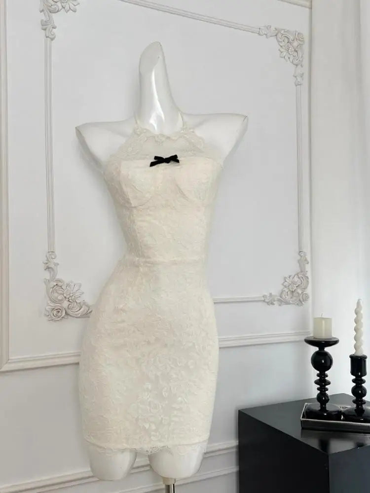 French Summer White Lace Sexy Backless Elegant Bow Evening Dress Women Sleeveless Halter Lace-up Vacation Party Gown Short Dress