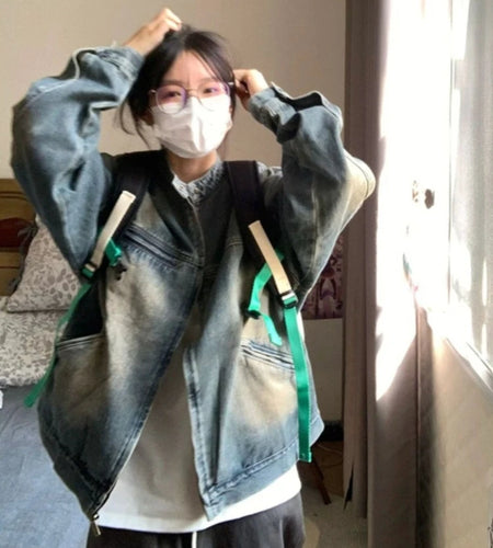 Streetwear Loose Casual Vintage Jeans Coats Cowboy Women Zipper Denim Jackets 2025 Y2k Aesthetic Grunge Fairy Harajuku Tops