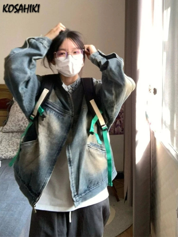 Streetwear Loose Casual Vintage Jeans Coats Cowboy Women Zipper Denim Jackets 2025 Y2k Aesthetic Grunge Fairy Harajuku Tops