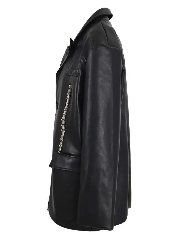 Women Black Pu Leather Zipper Big Size Casual Blazer New Lapel Long Sleeve Jacket Fashion Tide Spring Autumn 2025 CPG1010