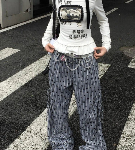 Harajuku Cartoon Print Cute T-shirts Streetwear Slim Fit Y2k Aesthetic Ruffled Autumn Shirts Women Grunge BLace Patchwork Tops