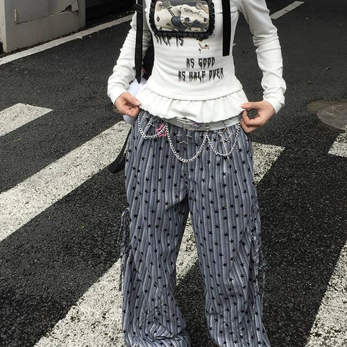 Load image into Gallery viewer, Harajuku Cartoon Print Cute T-shirts Streetwear Slim Fit Y2k Aesthetic Ruffled Autumn Shirts Women Grunge BLace Patchwork Tops
