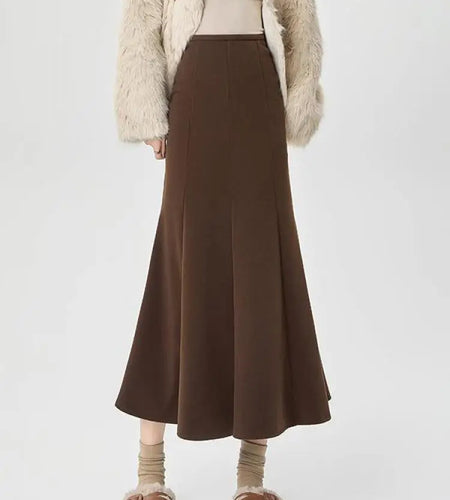Korean Women's Solid Elegant Wool Fishtail Long Skirt Vintage High Waist Slim A-line Wrapped Hip Skirts 2024 Autumn Winter Thick