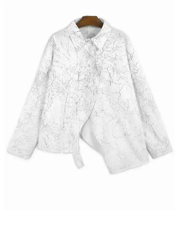 Women White Printed Irregular Big Size Pleated Blouse New Lapel Long Sleeve Shirt Fashion Tide Spring Autumn 2025 1DH8639