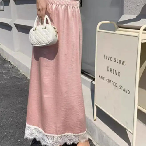 Load image into Gallery viewer, Spring Summer Women Patchwork Lace Elegant Long Skirt Korean Version High Waist Temperament Vacation Pleated Half Skirt Clothing
