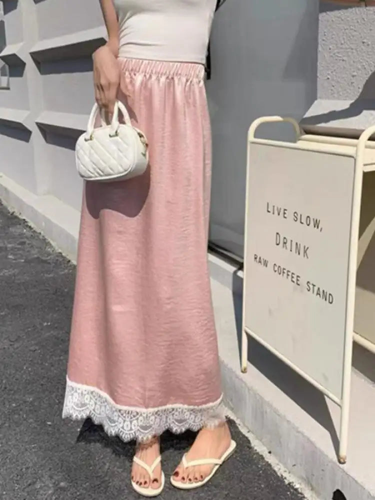 Spring Summer Women Patchwork Lace Elegant Long Skirt Korean Version High Waist Temperament Vacation Pleated Half Skirt Clothing