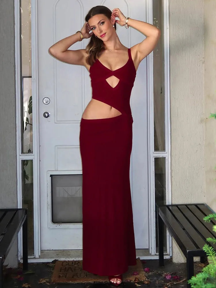 Hollow Out Backless Sexy Maxi Dress Women Gown Spaghetti Strap Sleeveless Irregular Slim Club Long Dress 2025 Summer