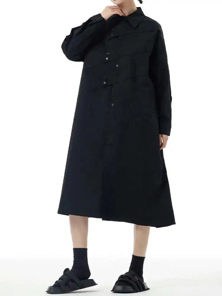 Women Rose Red Button Design Big Size Midi Shirt Dress New Lapel Long Sleeve Fashion Tide Spring Autumn 2025 1DH5165