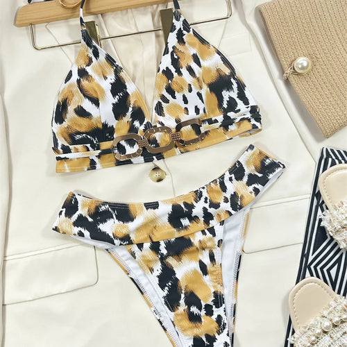 Load image into Gallery viewer, Leopard Print High Cut Bikini Set Female High Waist Swimsuit Women Swimwear Metal Ring Bathing Suit for Women
