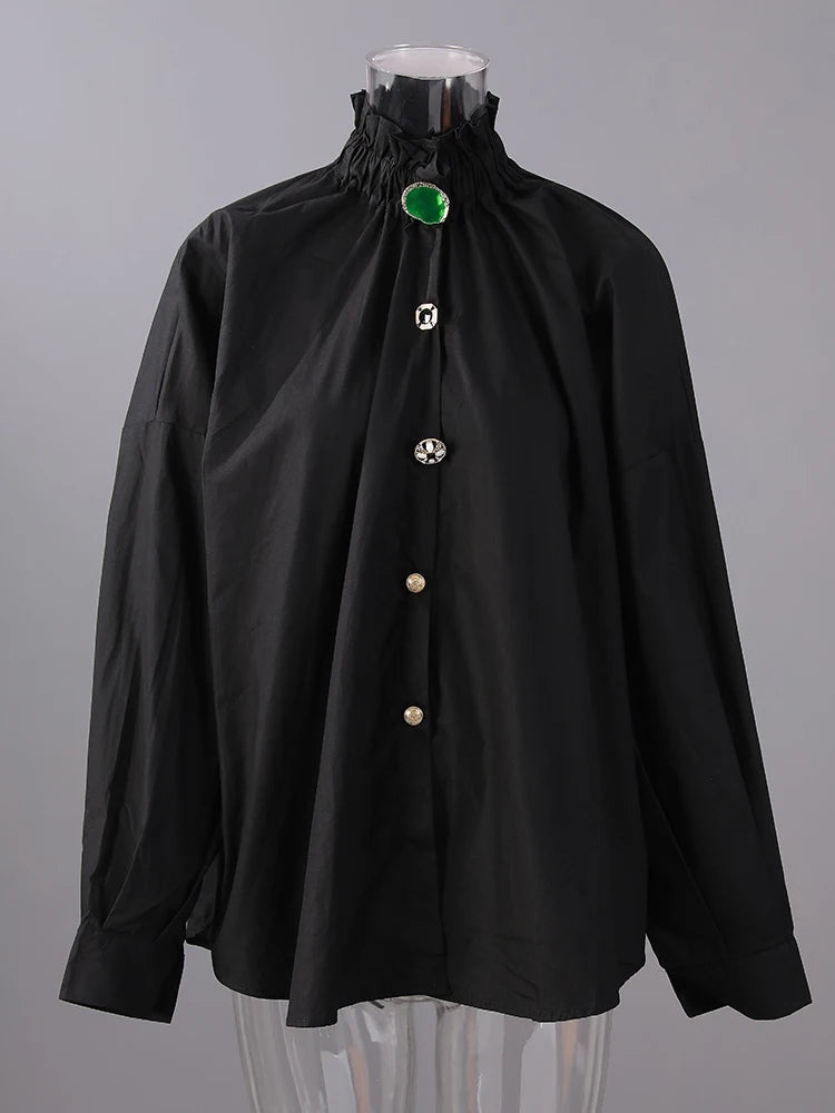 Women Big Size Button Decoration Blouse New Stand Collar Long Sleeve Loose Fit Shirt Fashion Spring Autumn 2025 1DD3478