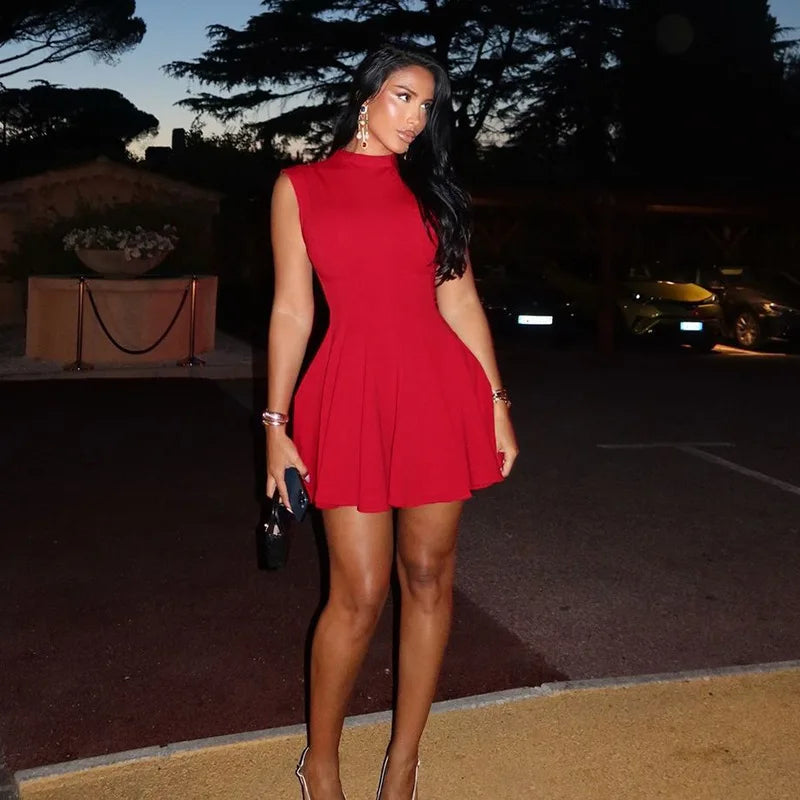 Half High Collar Sleeveless Sexy Mini Dress For Women Fashion Solid Red High Waist A-line Club Pleated Sexy Dress