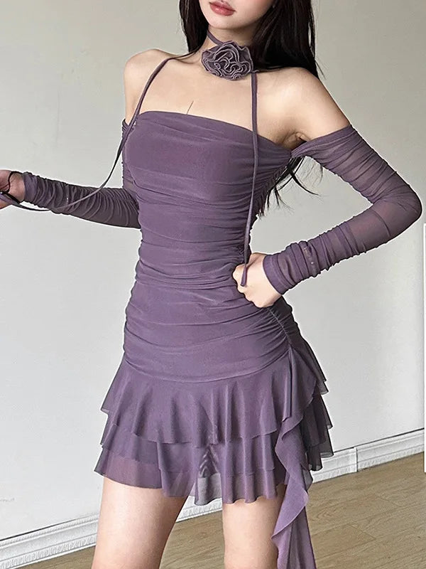 Autumn/Winter New Sexy One Line Neck Fashion Lace Up Wrap Hip Women Dress Ruffle Edge Tight Party Evening Dress