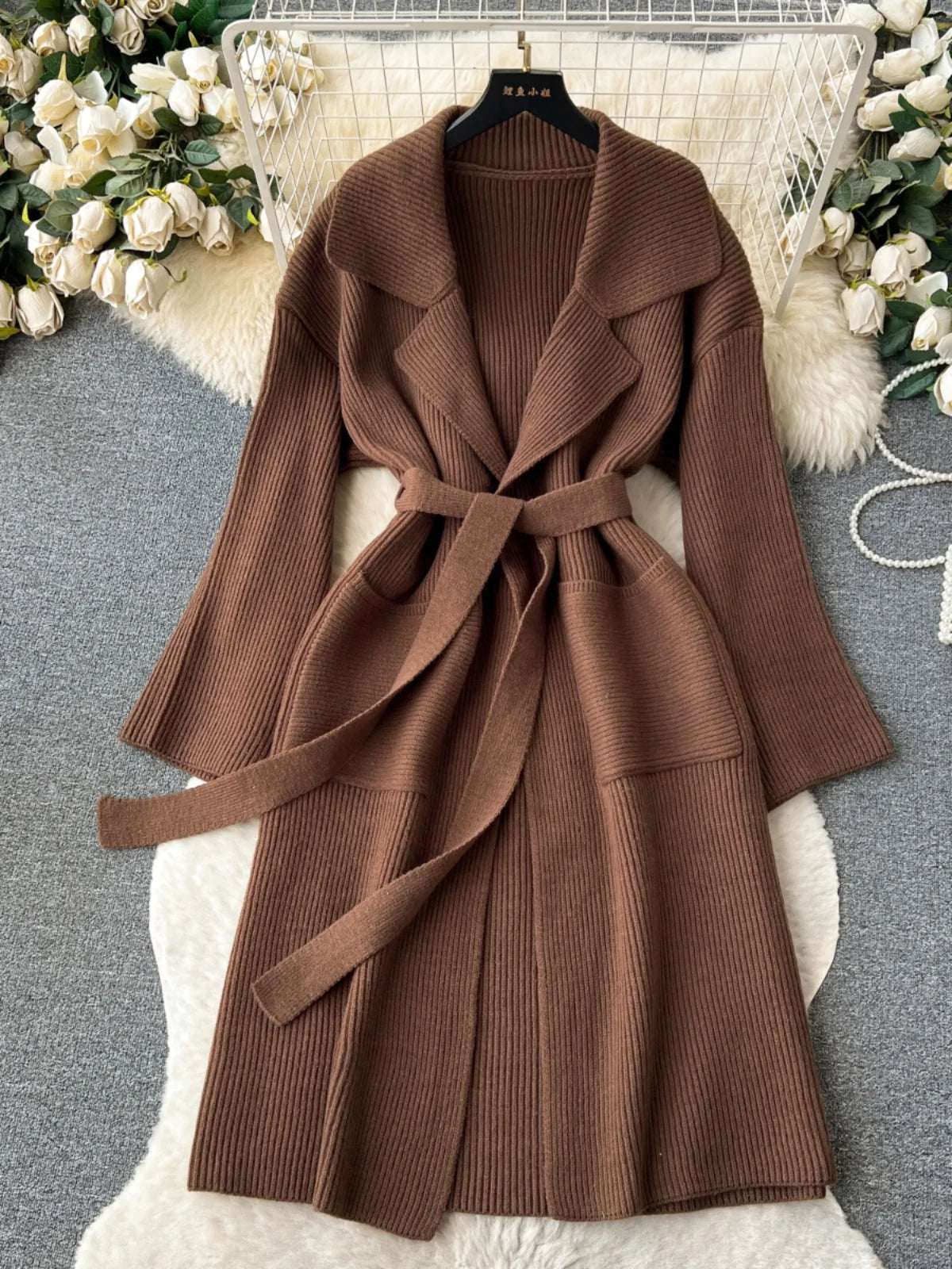 Korean New Autumn Winter Women Simplicity Solid Long Sleeves Vacation Bandage Cardigan Knitwear Sweater Coat Fashion Trend Thick